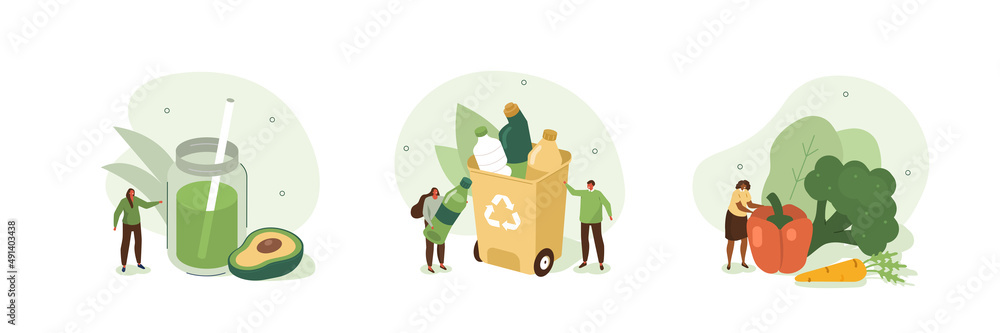 Sustainable lifestyle illustration set. People collecting plastic trash into recycling garbage bin, trying to make zero waste and following vegan diet. Vector illustration. - obrazy, fototapety, plakaty 