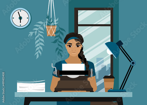 A young woman sits at a table and types a future book on a typewriter. The writer is working. Writer's block concept. Flat cartoon vector illustration.