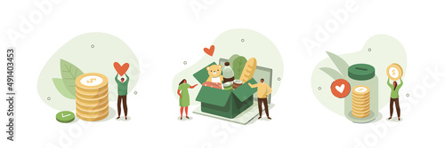 Donation illustration set. Volunteers collecting food and clothes in donation box. Characters putting money in jar. Charity and financial support concept. Vector illustration.
