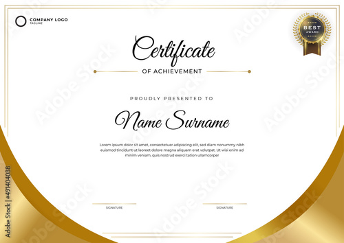 Modern gold certificate template and border, for award, diploma, honor, achievement, graduation and printing