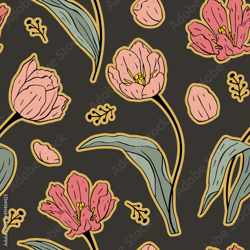 Wallpaper Mural Vintage seamless pattern with pink line art tulips flowers on black background Torontodigital.ca