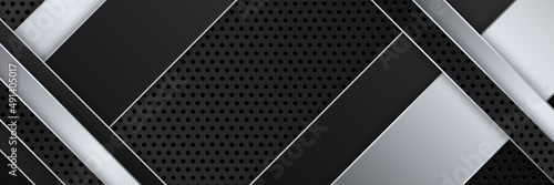 Abstract black silver metallic carbon neutral overlap light hexagon mesh design modern luxury futuristic technology background. Game tech wide banner vector illustration.