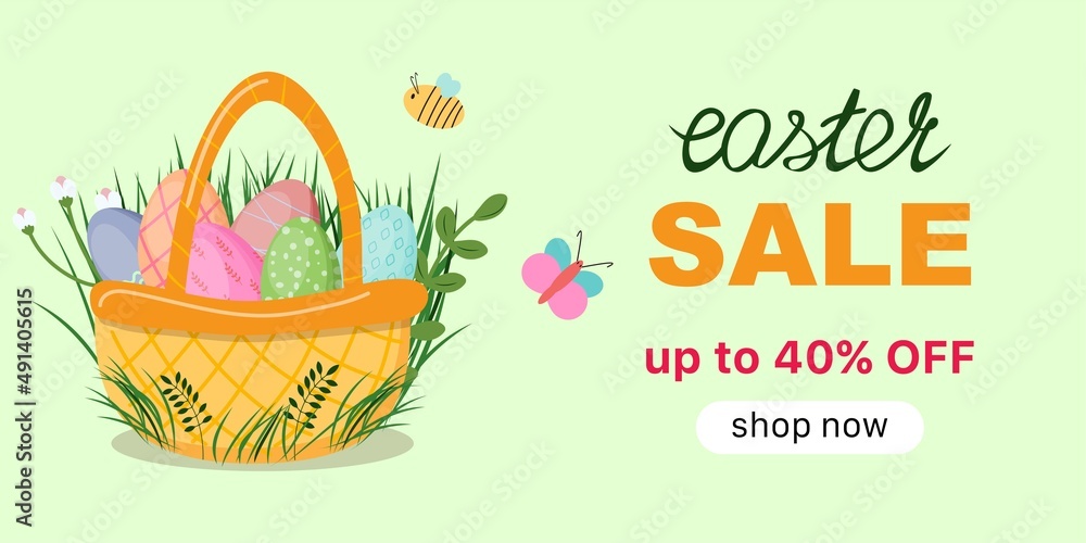 Naklejka premium Easter sale template with a basket filled with Easter eggs. 