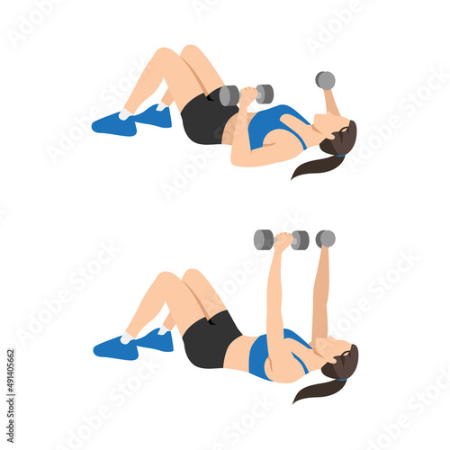 Woman doing Dumbbell chest press exercise. Flat vector illustration isolated on white background