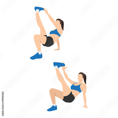 Woman doing Crab toe touches exercise. Flat vector illustration isolated on white background