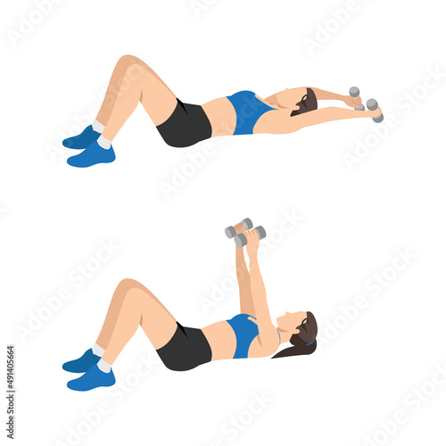 Woman doing Dumbbell pullover exercise. Flat vector illustration isolated on white background