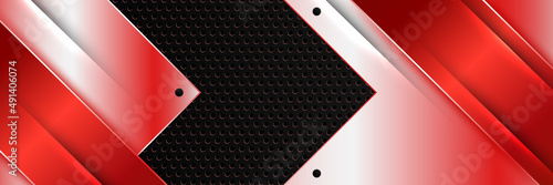 Abstract black red metallic carbon neutral overlap light hexagon mesh design modern luxury futuristic technology background. Game tech wide banner vector illustration.