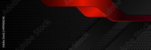 Abstract black red metallic carbon neutral overlap light hexagon mesh design modern luxury futuristic technology background. Game tech wide banner vector illustration.