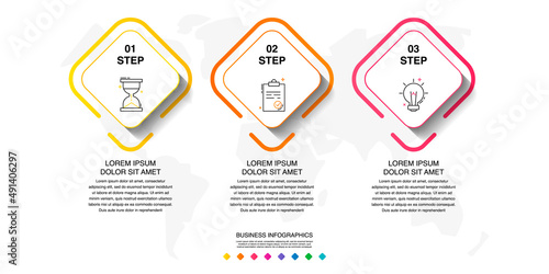 Vector line infographics with 3 rhombi. Business concept graphic process template with three steps and squares. Graphic timeline for app, business, website, interface, chart, levels, web