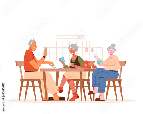 A group of older people are playing cards at a table in the kitchen. Friends or family have fun together. Vector illustration in a flat style.