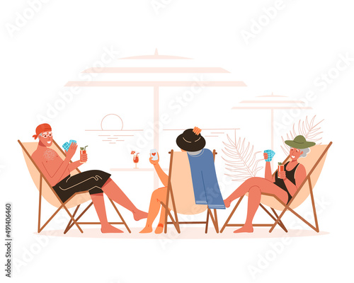 Elderly people play cards on the beach. Retirees have fun together. Vector illustration in a flat style.