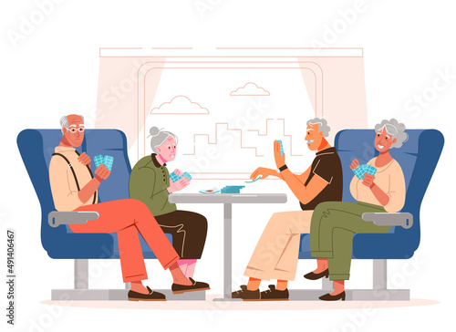 Elderly people play cards on the train. Have fun while traveling. Vector illustration in a flat style.