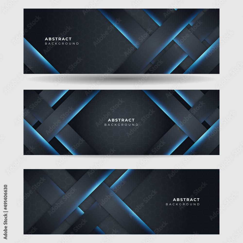 Fototapeta premium Abstract black blue metallic carbon neutral overlap light hexagon mesh design modern luxury futuristic technology background. Game tech wide banner vector illustration.