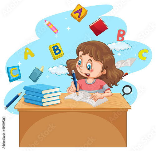 A girl doing homework with books on white background