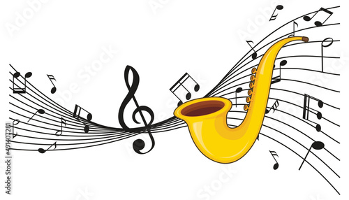 A saxophone with musical notes on white background