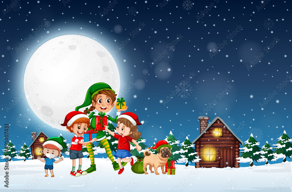 Naklejka premium Snowy winter night with Christmas elf and children