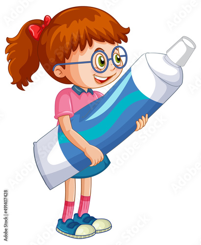 A little girl holding toothpaste on white background
