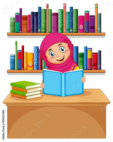 Muslim girl reading book on white background