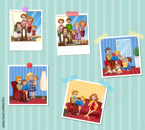 Set of happy family photos on wallpaper