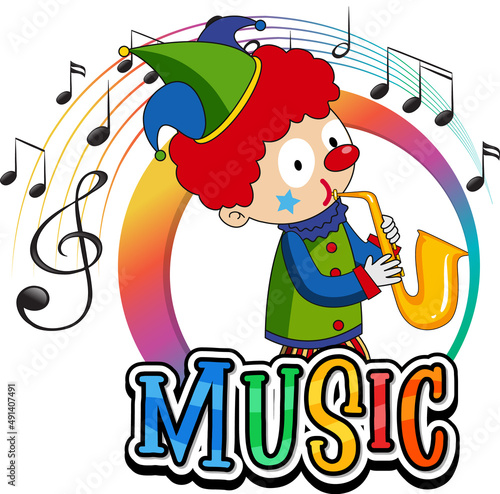 Clown blowing saxophone with music notes on white background