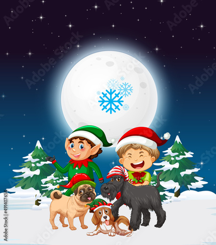 Snowy winter night with Christmas elves and dogs