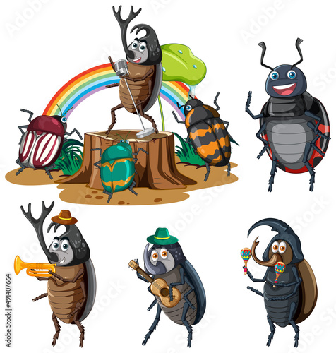 Set of different insects and beetles in cartoon style