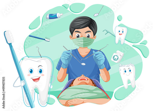Dentist man examining patient teeth on white background