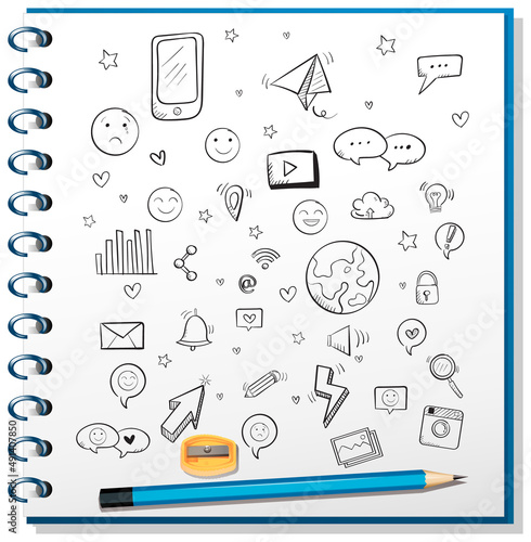 Hand drawn doodles objects on paper with a pencil