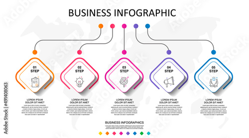 Infographic vector with 5 squares. Business line concept graphic process template with five steps and icons. Graphic timeline for app, website, interface, chart, levels, banner, presentations