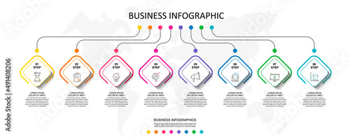 Infographic vector with 8 squares. Business line concept graphic process template with eight steps and icons. Graphic timeline for app, website, interface, chart, levels, web