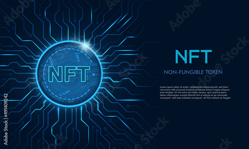 Non-fungible token (NFT) coin.Bluie abstract technology background.