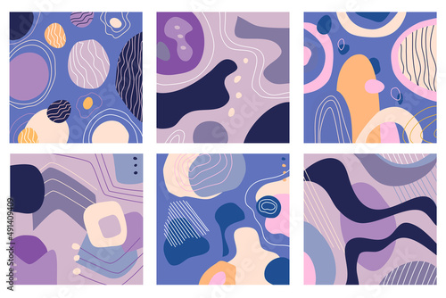 Six abstract patterns with hand drawn elements. Doodle background for card, presentation,banner. Trendy modern colors palette. Mid century art style. Stains, stripes and waves shapes.Covers template.