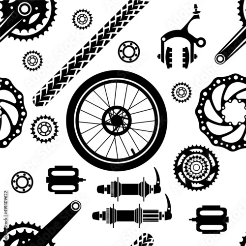 Bike. Seamless pattern with bicycle parts for print, web design. Vector image. 