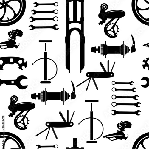 Bike. Seamless pattern with bicycle parts for print, web design. Vector image. 