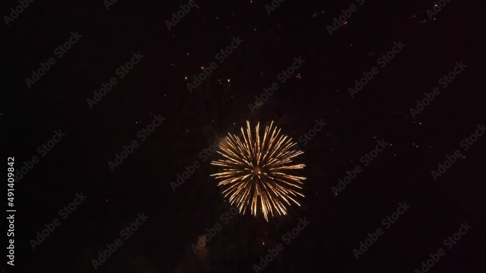 Aerial fpv flight showing spectacular firework at dark night sky during Independence Day On Dominican Republic Aerial fpv flight showing spectacular firework at dark night sky during Independence Day On Dominican Republic