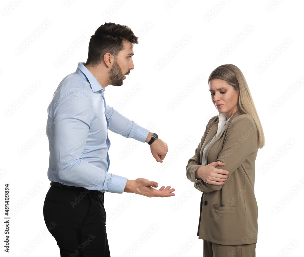 Businessman scolding employee for being late against white background
