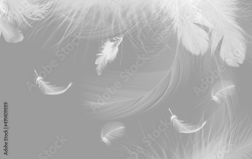 Illustration with graphic pens on gray background. Air feathers plot for photo wallpaper. 3d wallpaper. © Nika2075