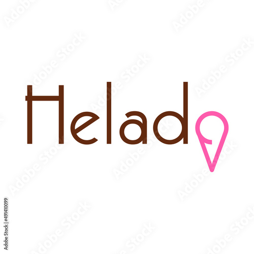 Logotipo con texto Helado en español con letra o con forma de helado en cono de galleta con líneas en color marrón y rosa