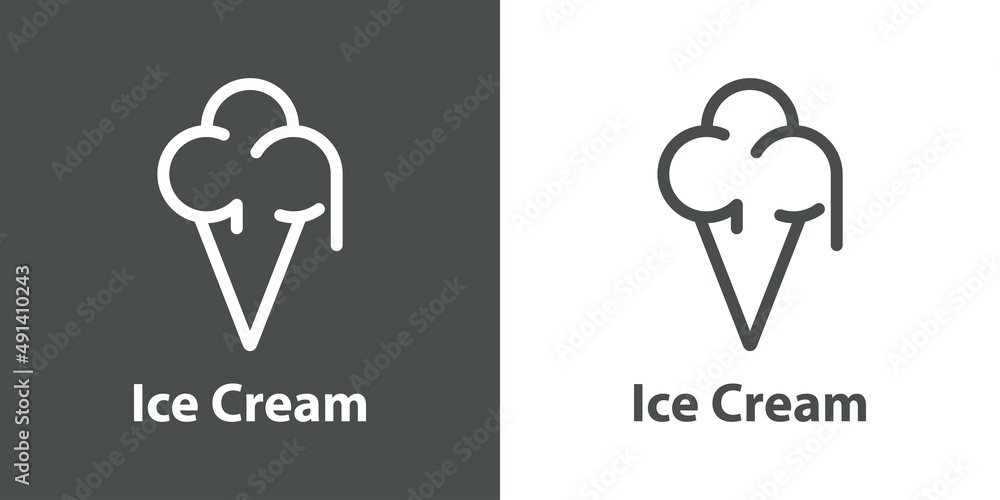 Logotipo con texto Ice cream con helado de 3 bolas en cono de galleta con líneas como gotas en fondo gris y fondo blanco Logotipo con texto Ice cream con helado de 3 bolas en cono de galleta con líneas como gotas en fondo gris y fondo blanco