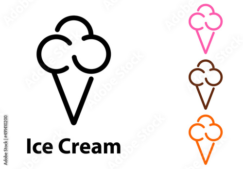 Logotipo con texto Ice cream con helado de 3 bolas en cono de galleta con líneas en varios colores