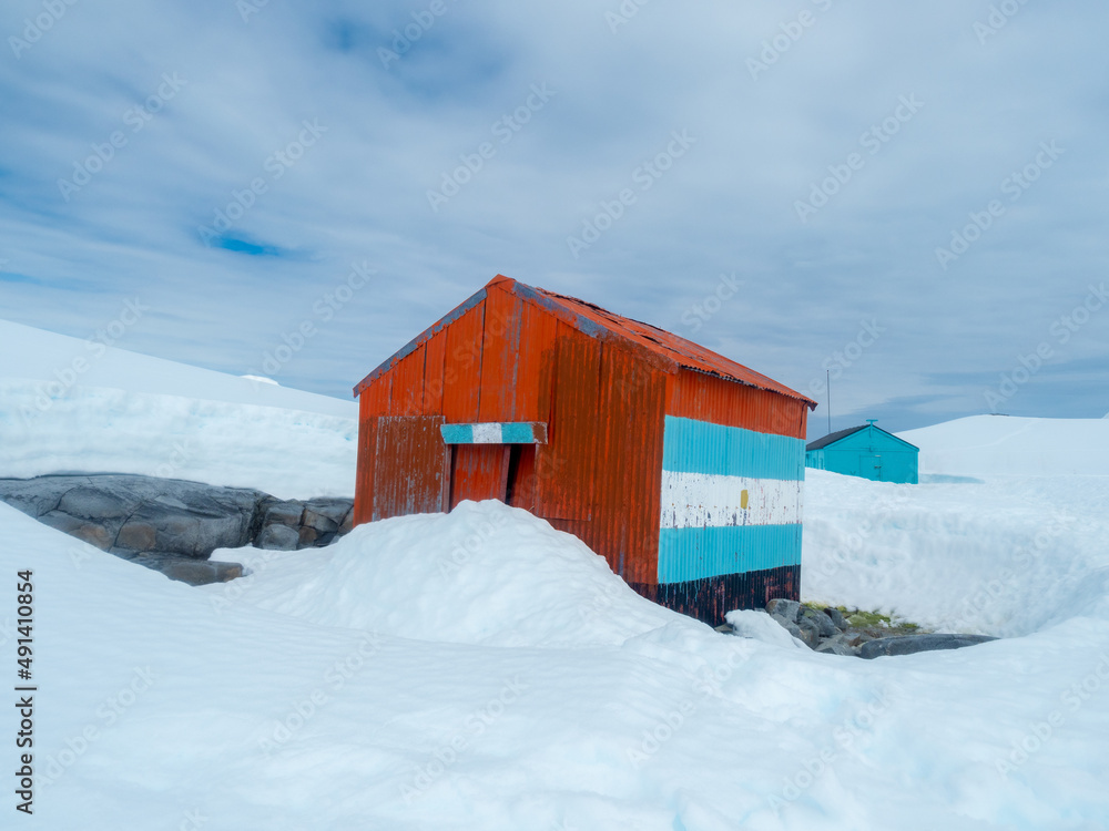 Well-preserved British scientific station standing at Damoy Point, near Port Lockroy, Palmer Archipelago, Antartctic Peninsula, Antarctica