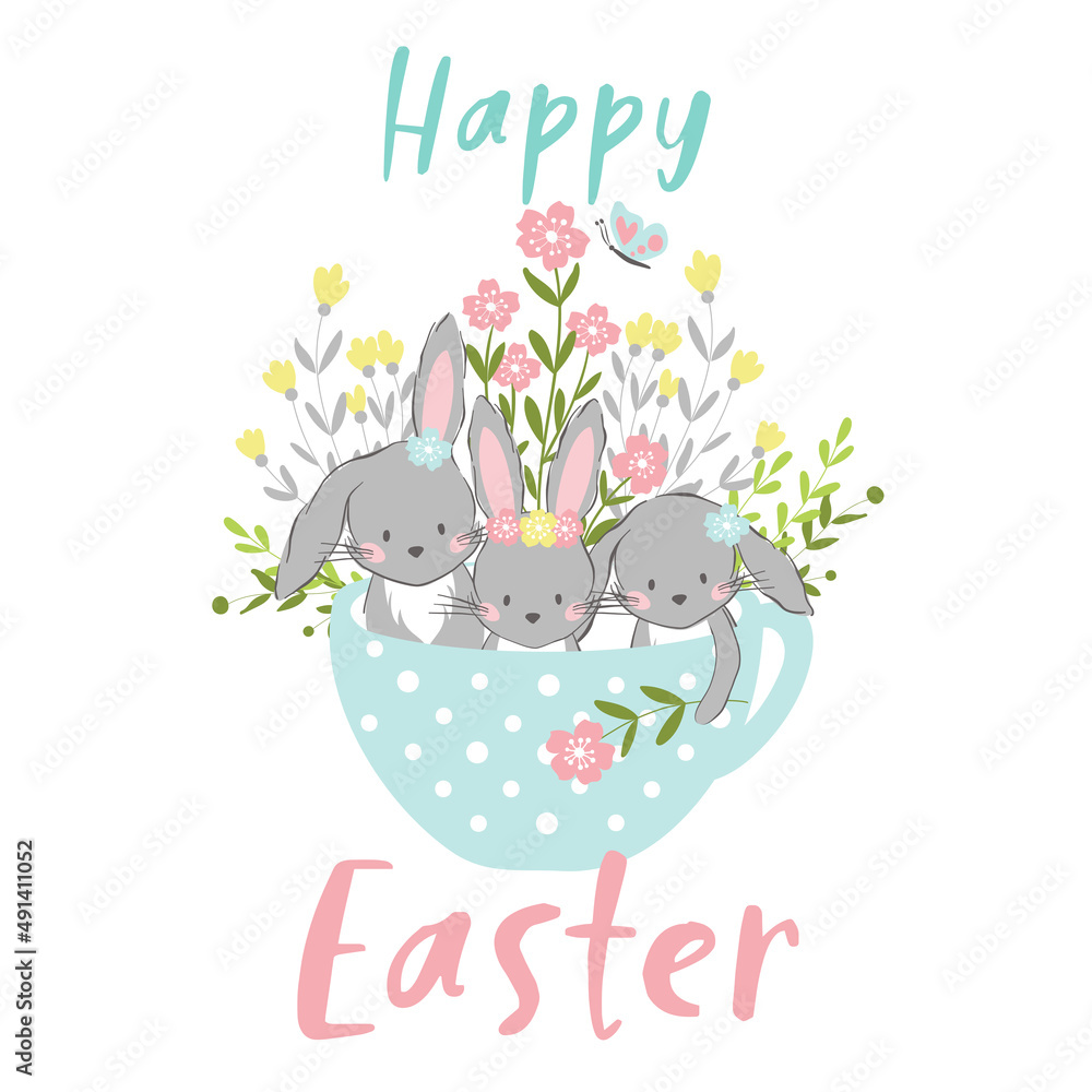 Easter bunnies in cup floral greeting card Easter bunnies in cup floral greeting card