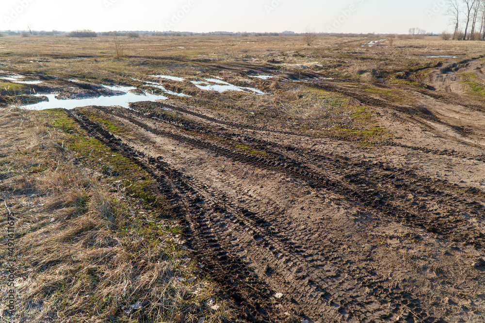 Spring landscape. Dirty spring road. Impassability and mudslides. Spring landscape. Dirty spring road. Impassability and mudslides.