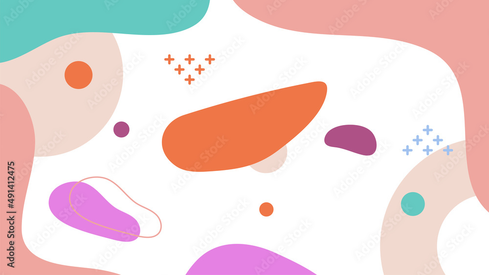 Abstract colorful Memphis flat geometric shapes background. Abstract composition with lines square dot triangle circle and wavy flat style. Design for poster, presentation, card, cover, banner.