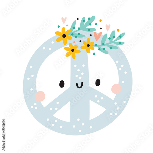 Cute pacific sign. Peace emblem with flowers and hearts. Baby character cartoon pacifist symbol. Antiwar illustration, love world, keep freedom. World peace day