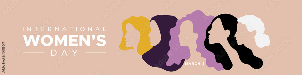 International Women's Day. March 8. Portraits of different women in profile. Horizontal format. Vector illustration, flat design