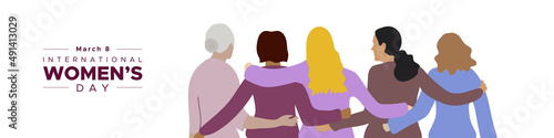 International Women's Day. March 8. Group of five women embracing of different ages. Concept of human rights, equality. Vector illustration, flat design