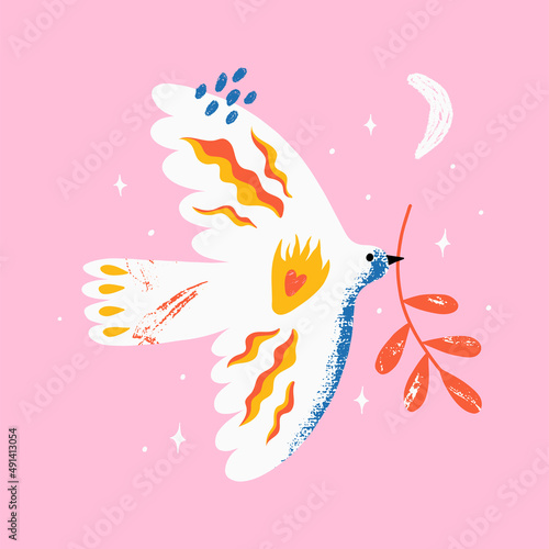 Concept for world peace day postcard with dove, branch, heartn and fire. Poster with symbol, no war, world day of peace, equality and love. Hand drawn vector illustration.