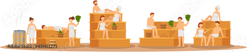 Sauna and steam room. Set of people in sauna. People relax and steam with birch brooms in traditional russian stove for female and male. Finnish bathhouse. Public sauna, Friends in spa resort