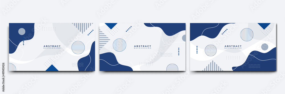 Abstract colorful Memphis flat geometric shapes background. Abstract composition with lines square dot triangle circle and wavy flat style. Design for poster, presentation, card, cover, banner. - obrazy, fototapety, plakaty 